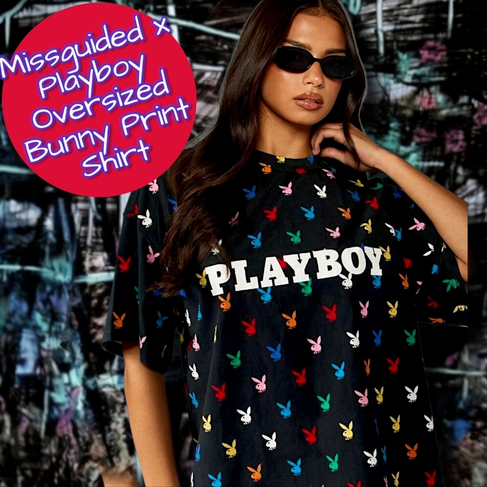 Missguided x Playboy Oversized Black w/ Colorful Bunny Print Tee Size XL